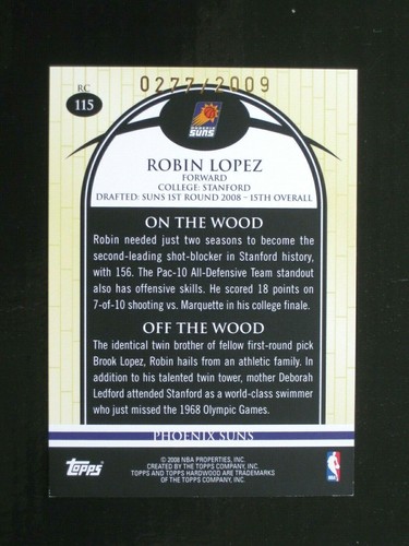 2008 Topps Hardwood Robin Lopez RC #115, #'d /2009, Washington Wizards - Picture 2 of 2