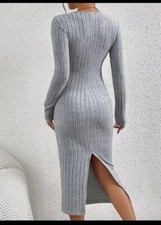 Long Sleeve Ribbed Knit Split Hem Casual Crew Neck Slim Dress Grey Size S(8)