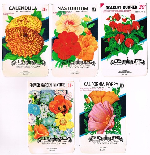 5 DIFF VINTAGE SEED PACKET LOT NOS C1940 FLOWERS GARDEN TEXAS GENERAL STORE E99