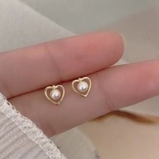 Lovely Heart Pearl Stud Earrings 925 Sterling Silver Women Girls Jewellery Gift