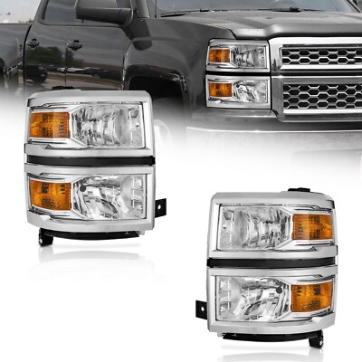 For 2014-2015 Chevy Silverado 1500 Chrome Headlights Assembly Headlamps L+R Pair