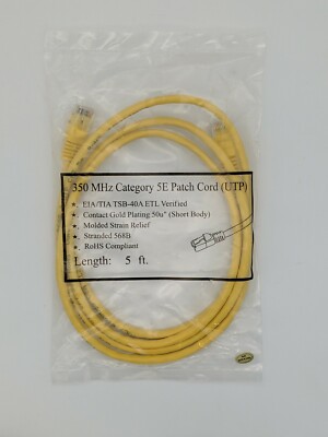 5ft Cat5e Patch Cord Cable UTP 350MHz Yellow Contact Gold Plating