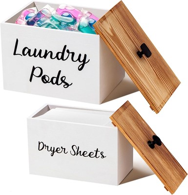 2 Pcs Wood Laundry Dryer Sheet Holder Rustic Pod Container with White 