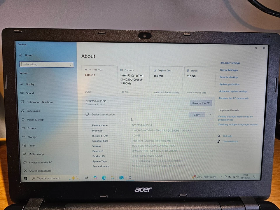 15" Acer Travelmate P256-M Core i3-4030U 1.9GHz 4GB 128GB Windows 10 Laptop - Image 2 of 4