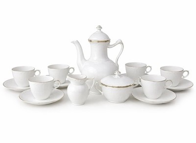 Royal Copenhagen White Fluted Gold Coffee Set 15 Pc Pot Cups Sugar Bowl Creamer 