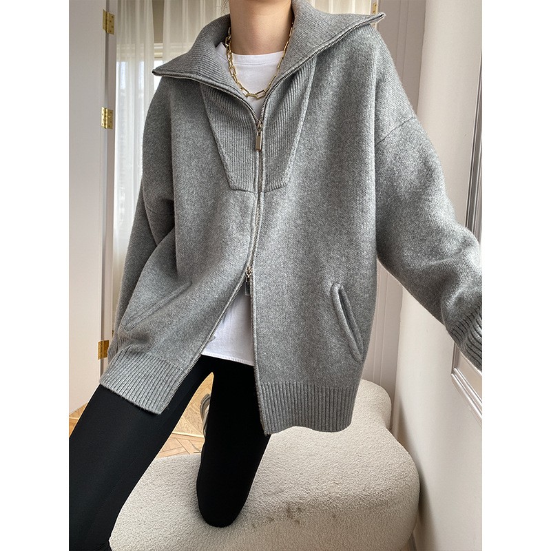 Womens Long Sleeve Knitted Cardigan Sweater Casual Loose Zipper Knitwear Outwear