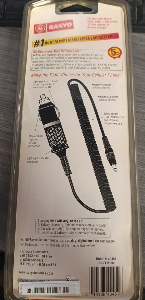 CARGADOR DE COCHE SANYO Cellular para Nokia 5100, 6100, 7100 y 8200 Series Foto 2 de 2