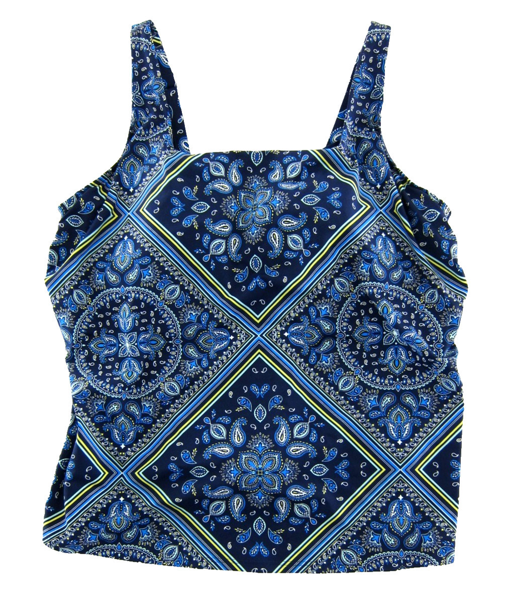 Lands' End Blue Yellow White Paisley Built In Bra Tankini Swim Top 18W G