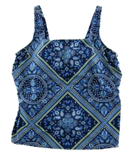 Lands' End Blue Yellow White Paisley Built In Bra Halter Tankini Swim Top 18W G