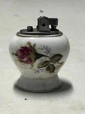 Vintage Art Deco Table Lighter Bone China Hand Painted Flower Design Japan RARE