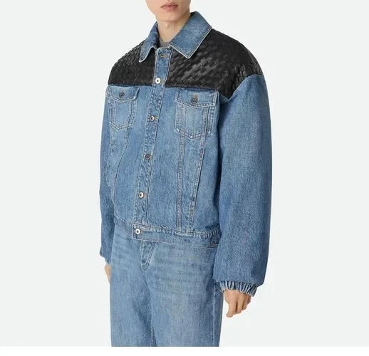 Men’s Blue Denim Jacket | Woven Leather Shoulder Panel | Casual Wear
