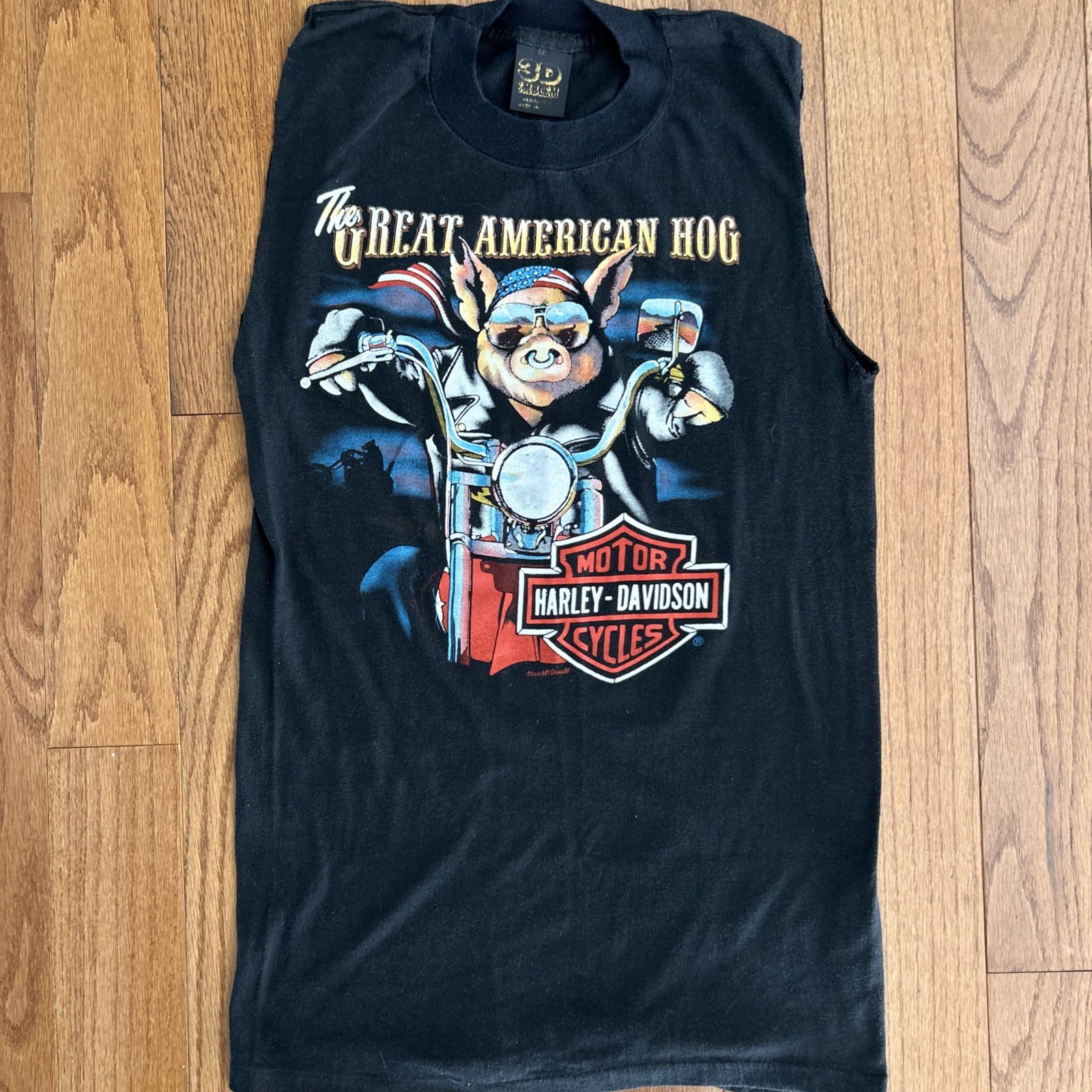 VTG 1980s 3D Emblem Harley Davidson T Shirt The Great American Hog USA Pig M