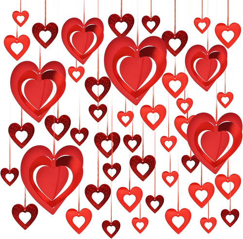 46 Pcs Valentine's Day Hanging Heart Ornament Decorations, Red Love Glitter...