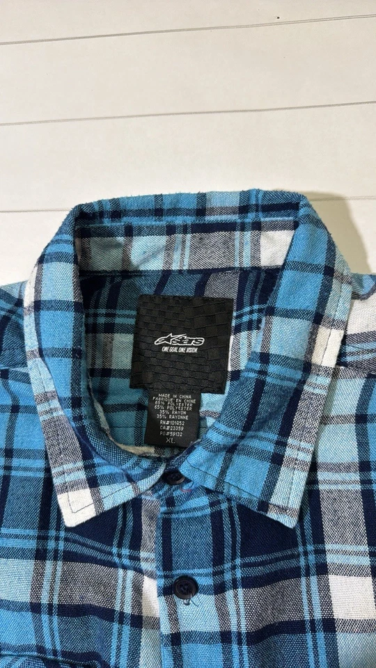 Alpinestars mens XL blue white polyester blend flannel button up casual shirt - Image 2 of 4