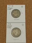 1911-D and 1913 Low Mintage Barber Quarters, Both in Good Condition