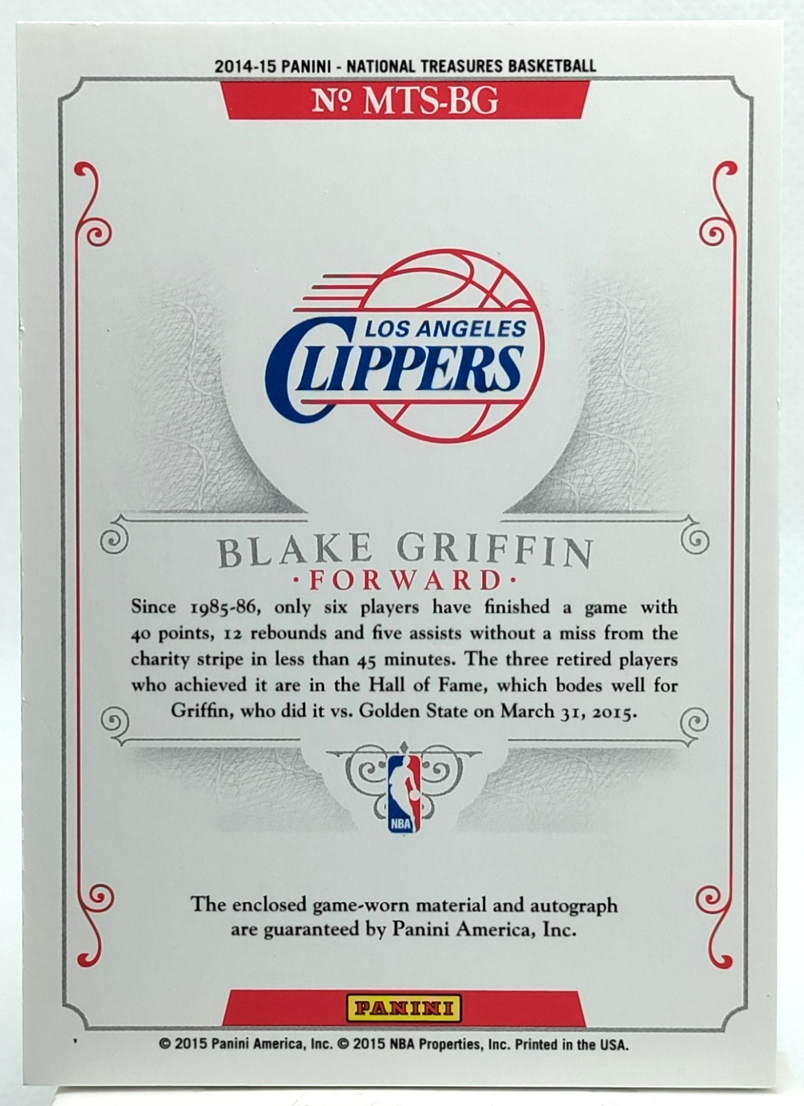 /25 Blake Griffin PATCH AUTO 2014-15 National Treasures Material Autograph SP view 2