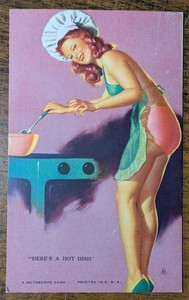 1940's MUTOSCOPE Arcade Pin-Up Card 3.25 x 5.25" HERE'S A HOT DISH Apron