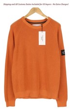 CALVIN KLEIN Badge Easy Men Jumper XL Orange Cotton Waffle-Knit Crew Pull On -