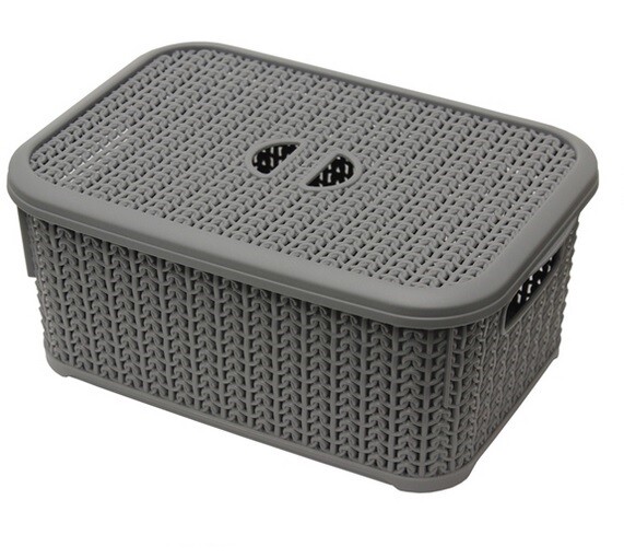6L Loop Effect Grey Rectangle Plastic Storage Basket With Lid 28cm x