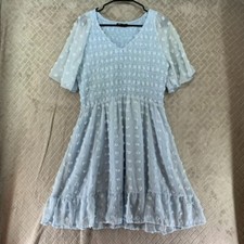 BTFBM Mini Dress Womens XL Light Blue Chiffon Polka Dot Puff Fit & Flare Lined