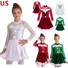 Kids Girls Long Sleeve Sequin Figure Dance Dress Christmas Snowman Costume