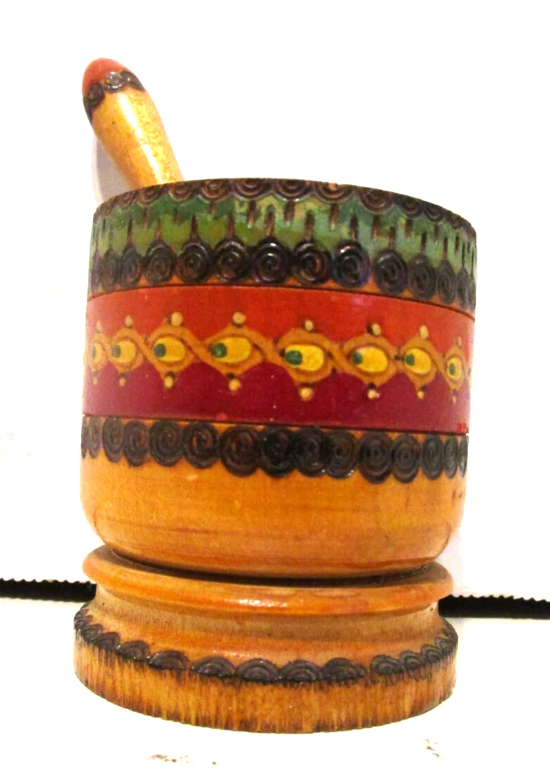 Vintage Bamboo Wood, Hand Turned, Hand Painted, Spice Mortar and Pestle -SM
