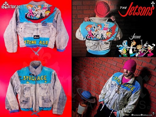š„Vintage 80s-90s Levis Jetsons Acid Wash Patchwork Denim Jean Jacket Too Cute L - Picture 3 of 16