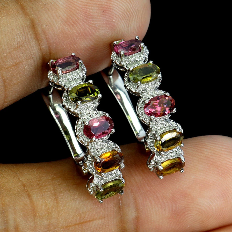 Pendientes de plata de ley 925 ovalados turmalina peridoto piedras preciosas naturales joyería Foto 2 de 4