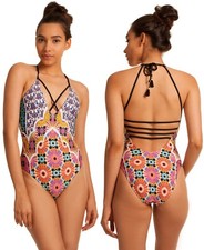 Trina Turk Golden Medallion Print V-Plunge Strappy One Piece Swimsuit