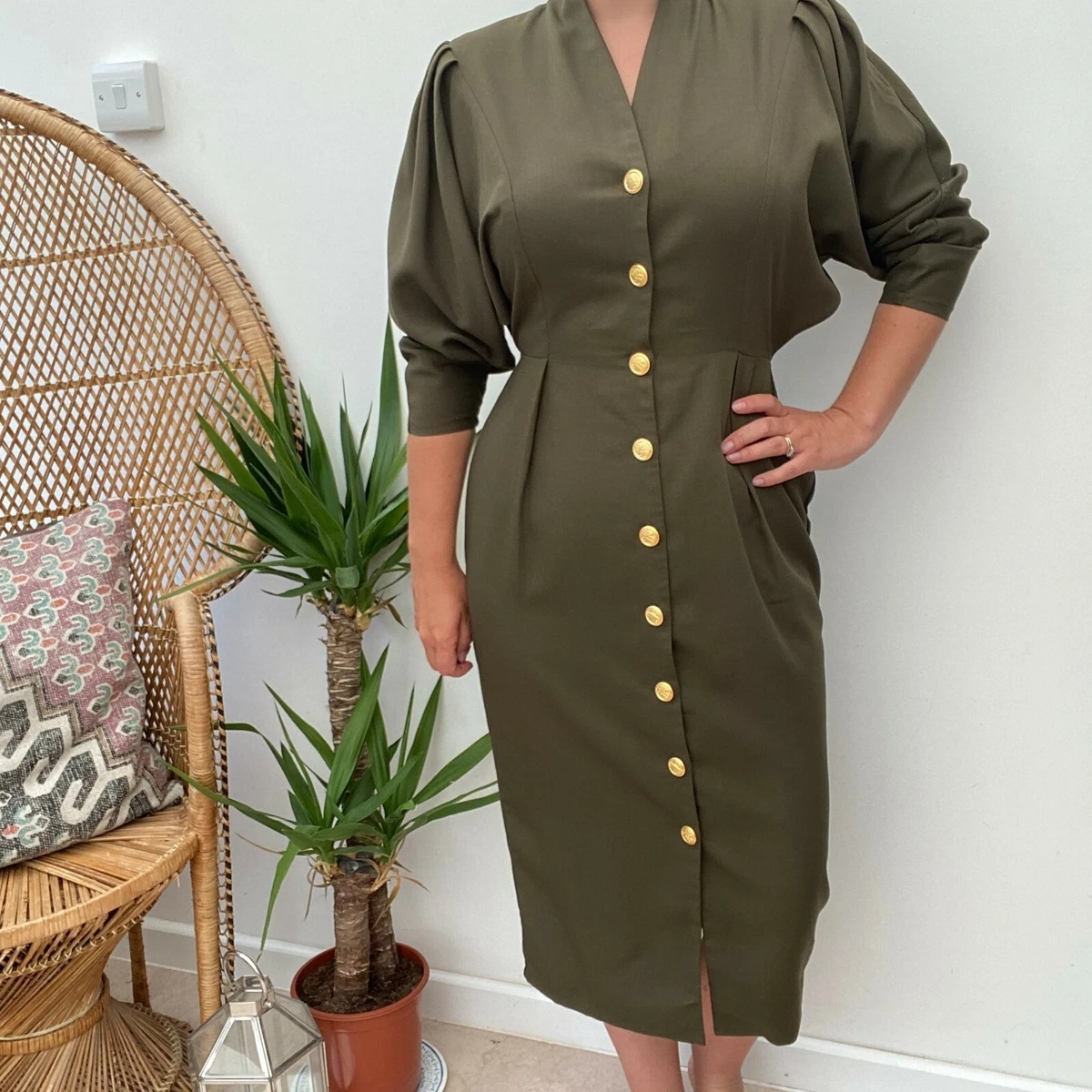 Vintage Paul Polly Button Through Dress Khaki Green Dress Safari