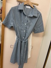 CLASSIC INDIGO BLUE COTTON WORK CASUAL COMFY TRAVEL SHIRT DRESS S/M