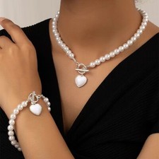 Pearl Heart Necklace Bracelet Set Choker Bib Silver White Pearl Wedding Prom