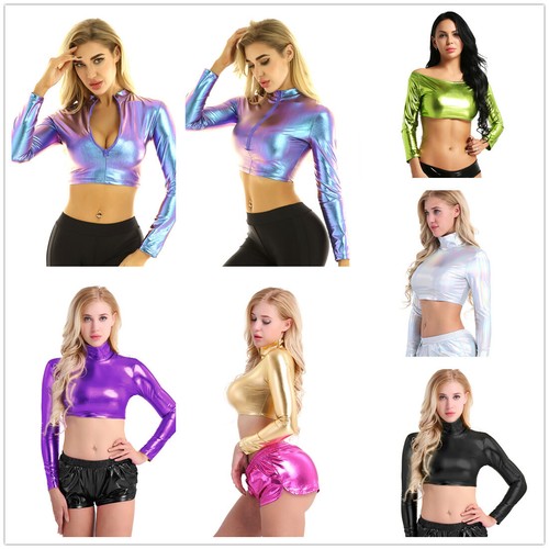 Shiny Metallic Womens Long Sleeves Crop 