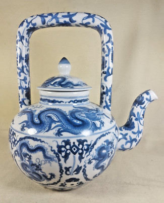 Vintage Blue & White Tea Kettle/Pot w/Chinese Design Very Large - Super Nice