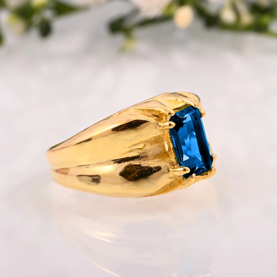 Ring For Men Wedding Gift 14K Yellow Gold Handmade AAA Natural London Blue Topaz - Image 3 of 3