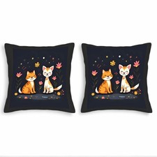 Whimsical Cat Design Throw Pillow Covers - Set of 2 18x18in Colorful Flowers
