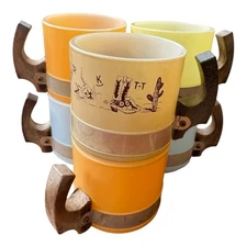 Set of Six Vintage 1960’s Pastel Siesta Ware Coffee Mugs w/ Wooden Handles MCM