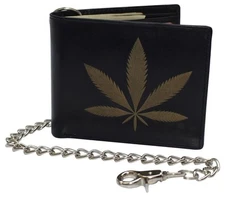 Men's Genuine Leather RFID Blocking Bifold Chain Logo Wallets Black, Biker Walle