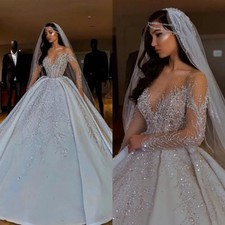 Luxury V-neck Wedding Dress with Beaded Long Sleeved Crystal Satin Bridal Gown