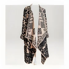 Lucky Brand Oversized Cardigan Sweater Aztec Bohemian Print Blush & Black Fluffy