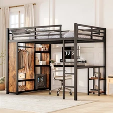 Queen Size Loft Bed Frame with Built-in Wardrobe, Metal Loft Bed w/ Desk Storage