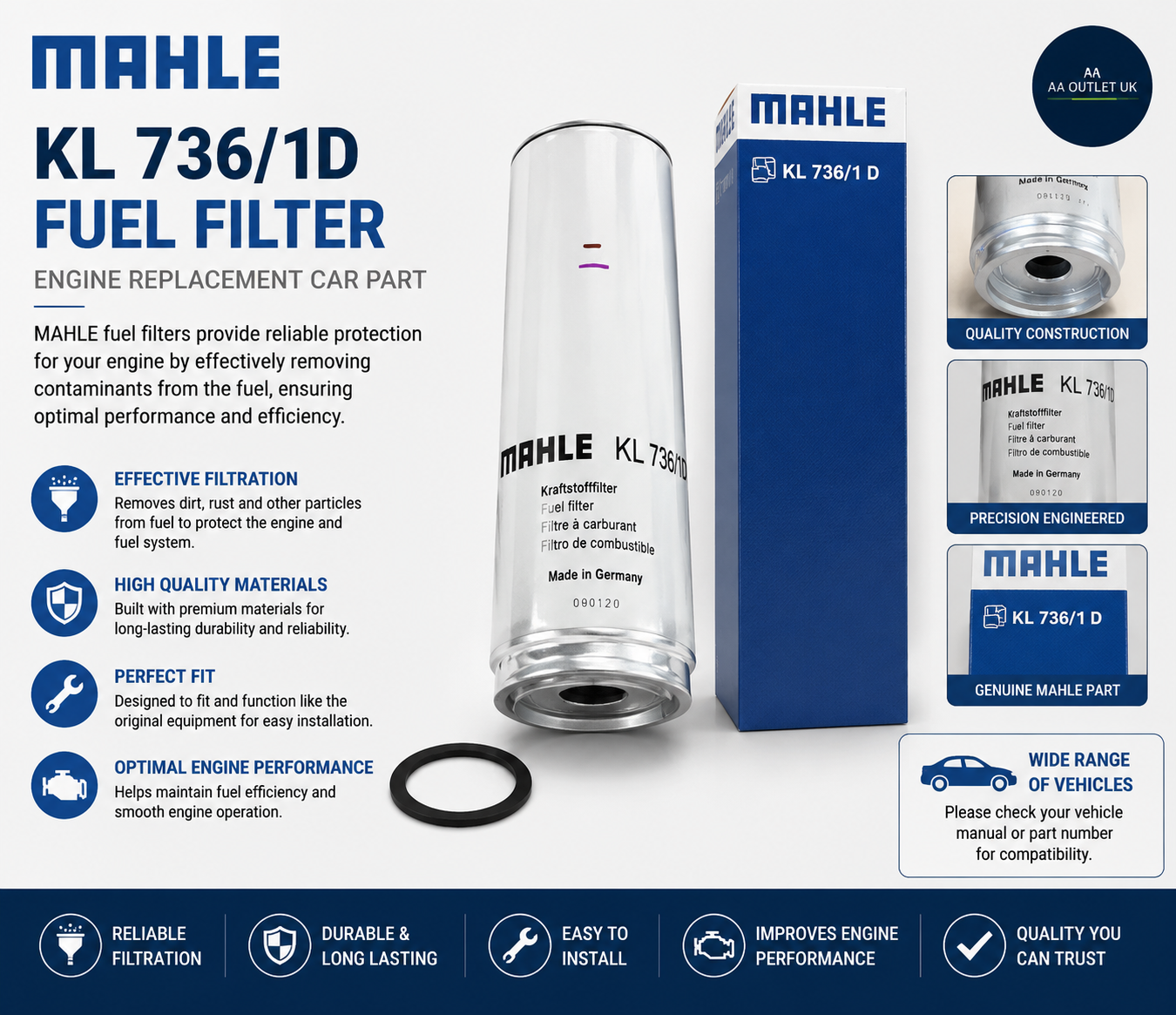 MAHLE KL 736 1D Fuel Filter Engine Replacement Car Part Silver Durable Design