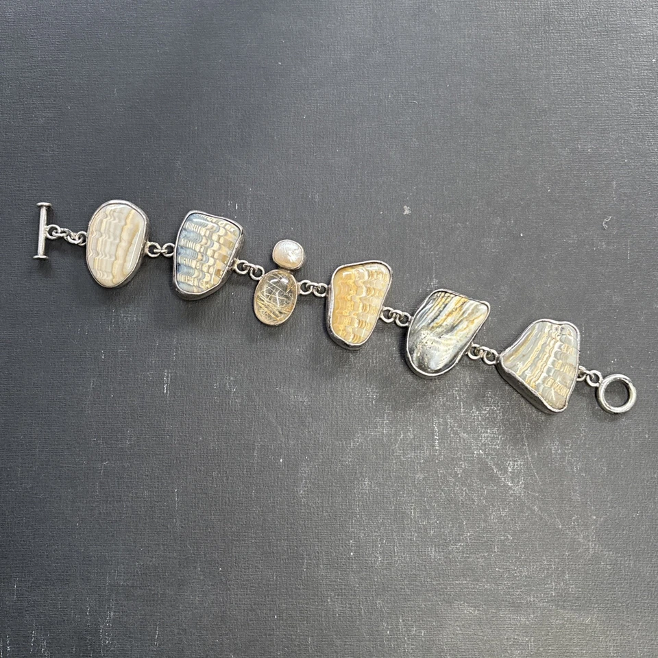 “The Dreamer” Multi Stone and Pearl 925 Sterling Silver Bracelet - Image 2 of 4