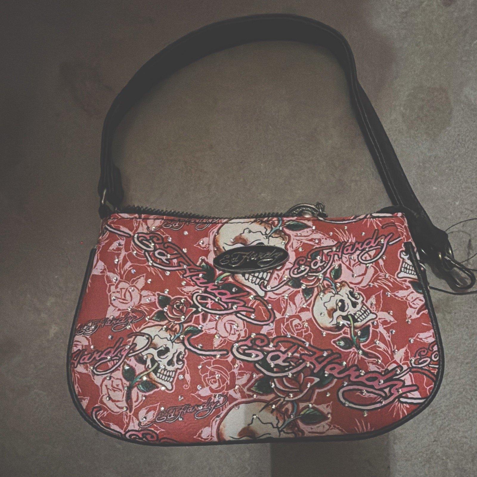 Ed Hardy Red Skull Rose Rhinestone Women's Shoulder Bag, Zip Closure