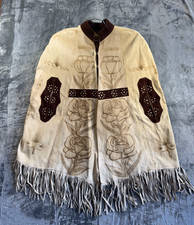 Vntg Flowerchild 60's Fringe Suede Leather Cape Poncho Boho Hippie Floral Mexico