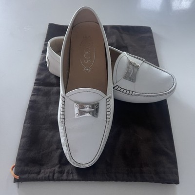 Tod s Gommino Shoes White Leather Driving Loafers Moccasin Flats Italy Wms 9