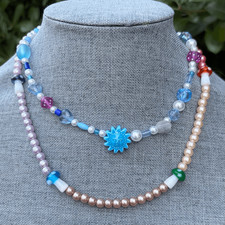 Two 2 Urban Outfitters OU Layering Blue Mushroom Sundial Beaded Necklaces NWT