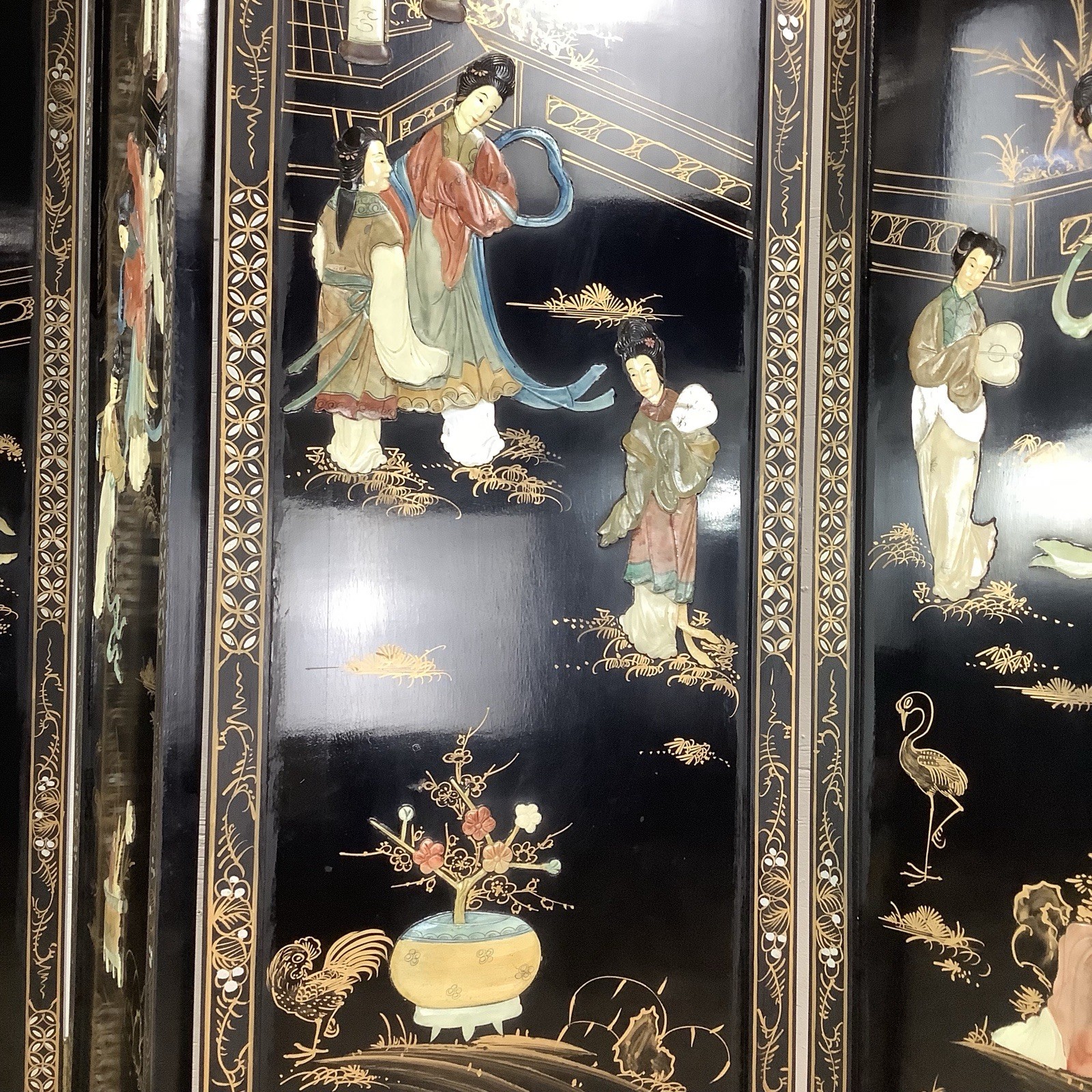 Vintage Black Lacquer Chinoiserie Folding Screen