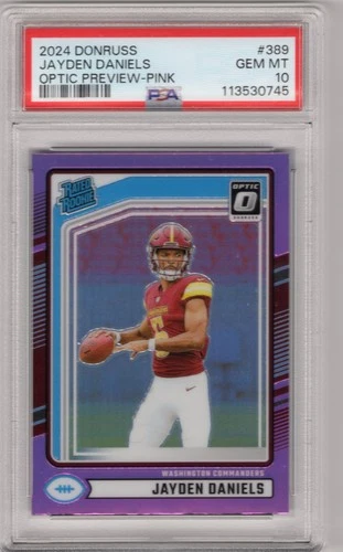 2024 Donruss Rated Rookie Jayden Daniels #389 Optic Preview Pink RC - PSA 10