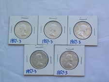 5 - 1957 CANADIAN SILVER HALF DOLLARS (FIFTY CENTS)